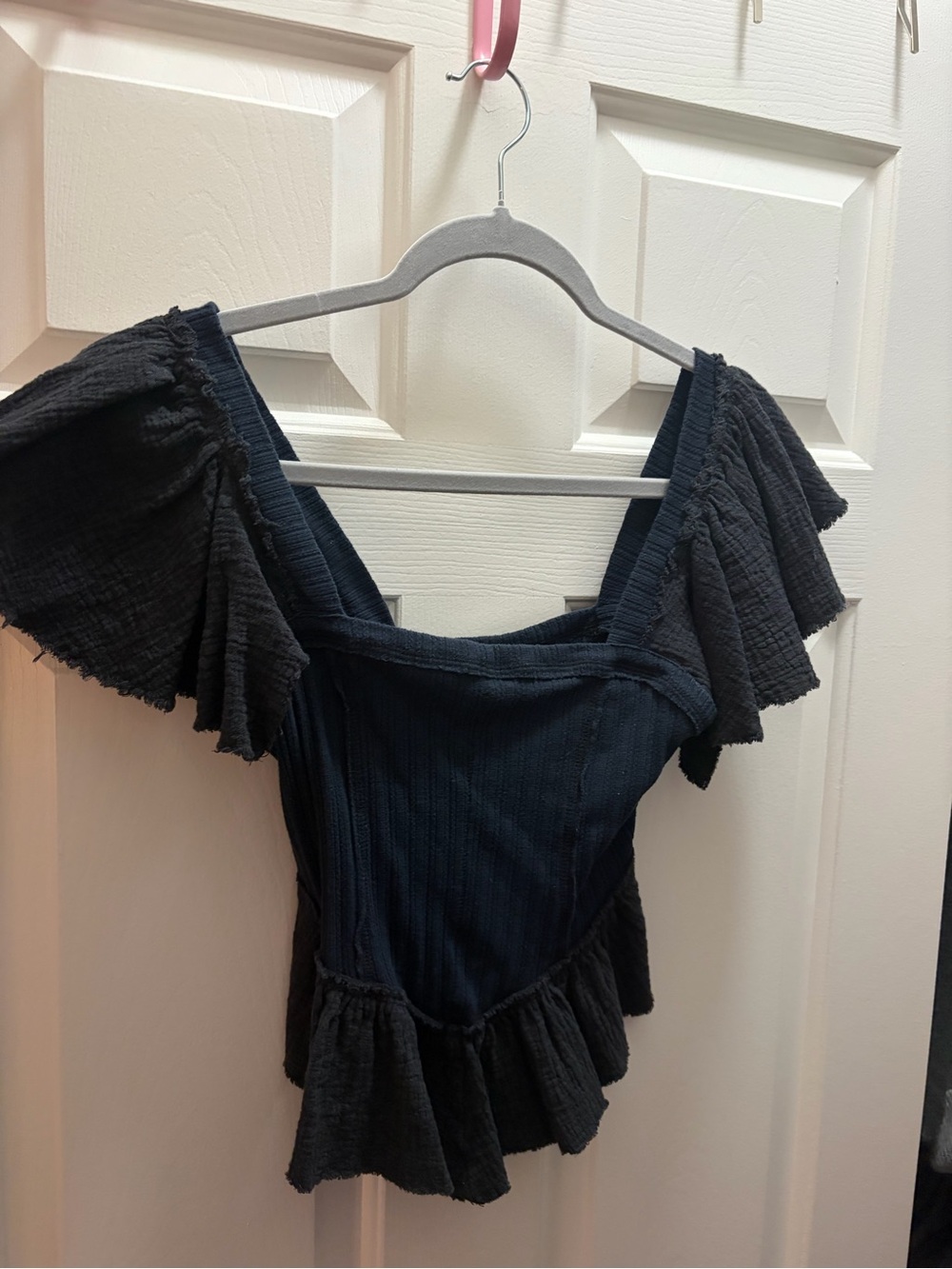 Free People Black Puff-Sleeve Square Neck  Top